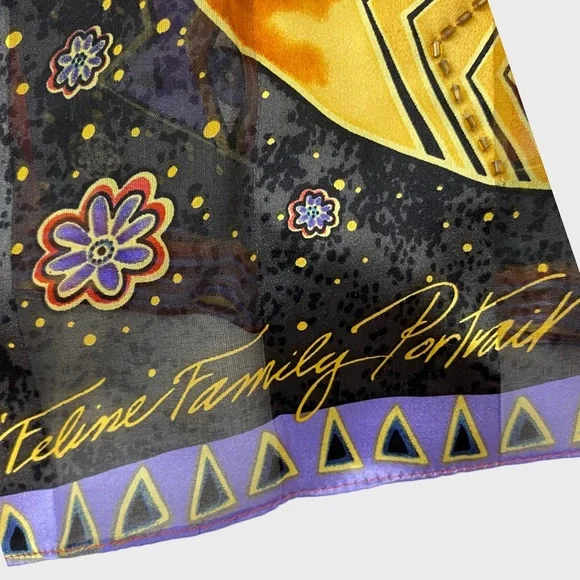 Vintage Laurel Burch Feline Family Portrait Multicolor Silk Scarf